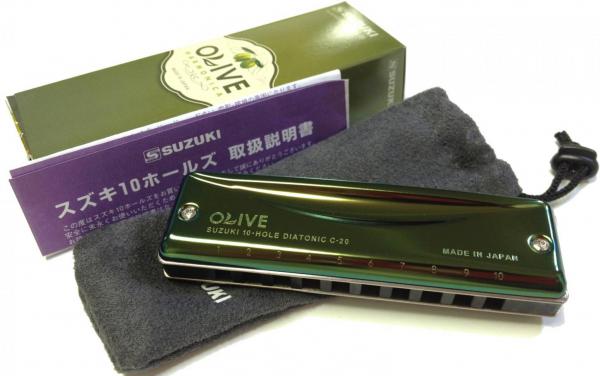 SUZUKI スズキ オリーブ B♭ OLIVE C-20 グリーン 10穴 ブルースハーモニカ テンホールズ ハーモニカ ステンレスカバー Bフラット Bb メジャー
